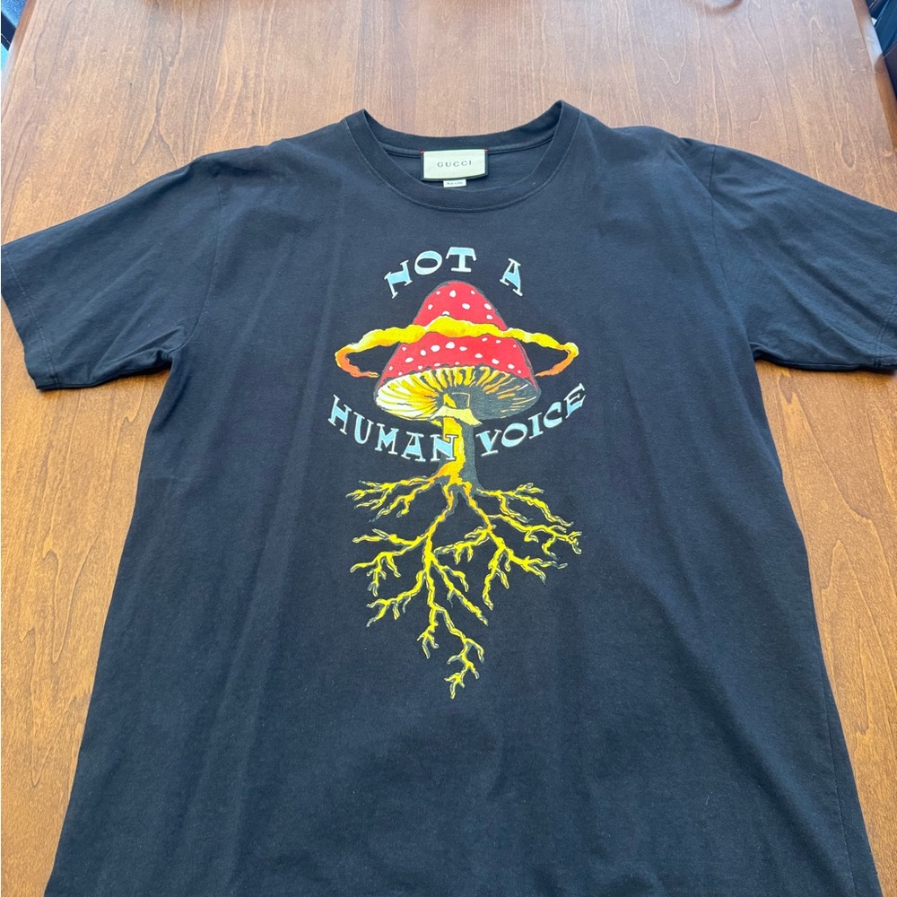Gucci Kids Black Tee with Red and Yellow Mushroom Design